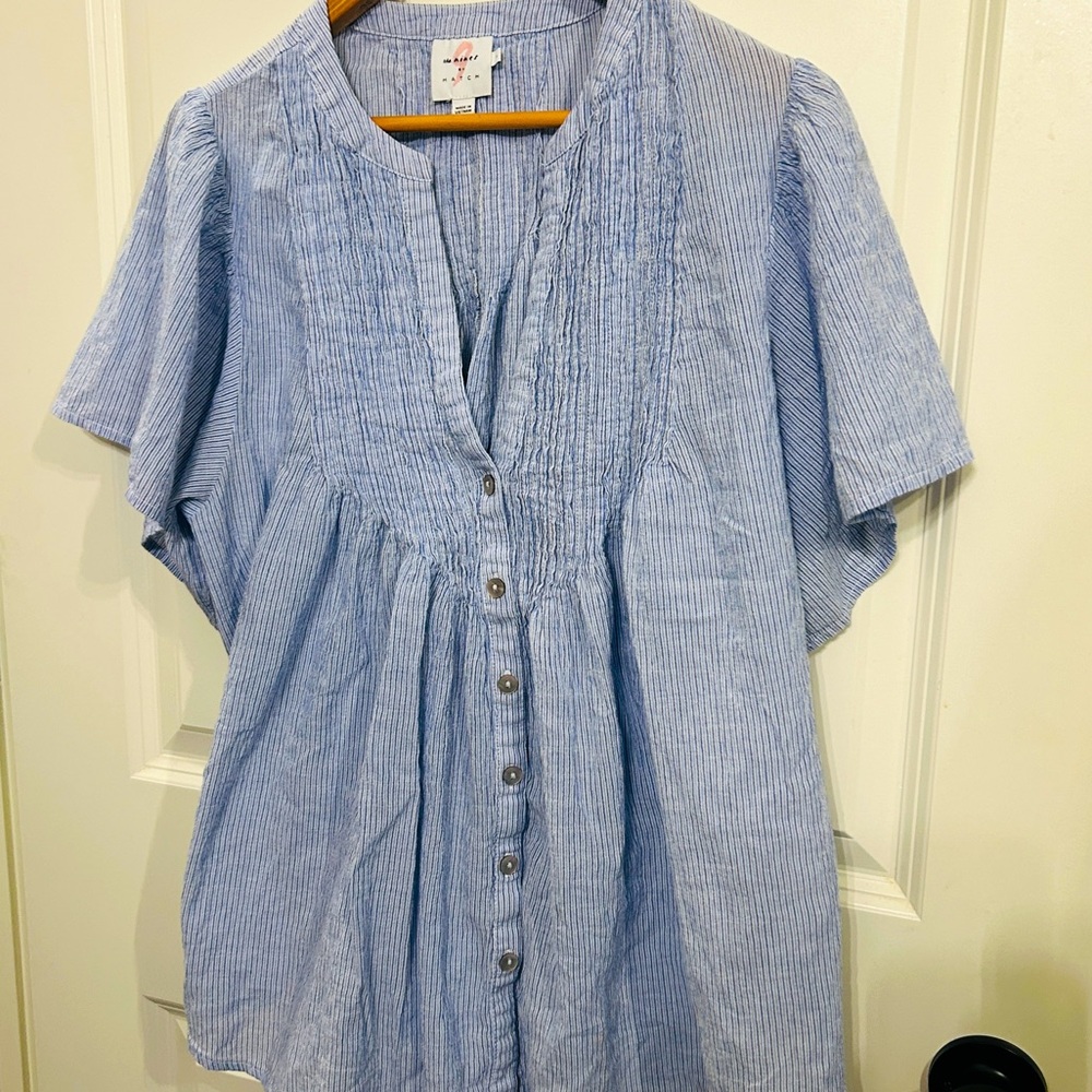 EUC Maternity Hatch “the Nines”size Large blue and white flutter sleeve. Flowy